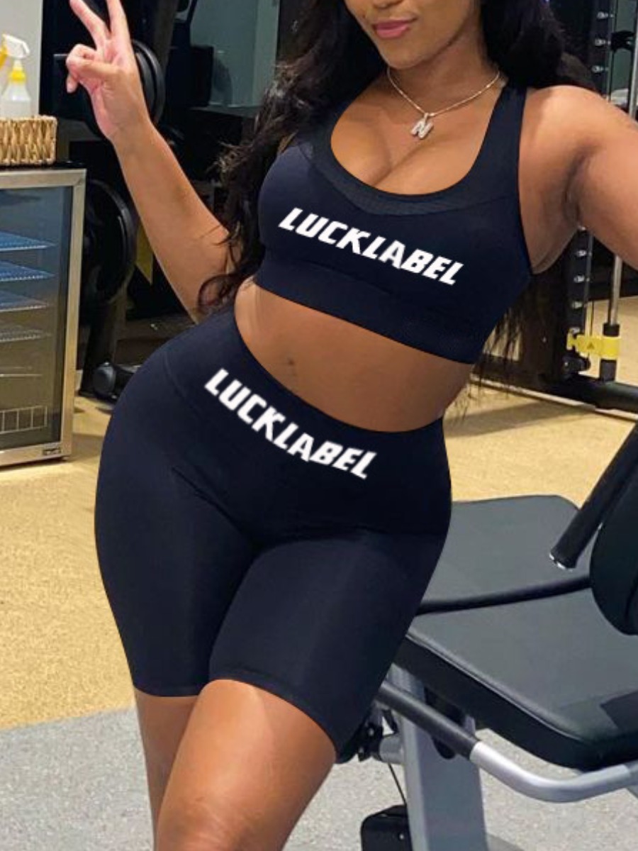 

Lovely Sporty U Neck Letter Print Black Yoga Two Piece Shorts Set
