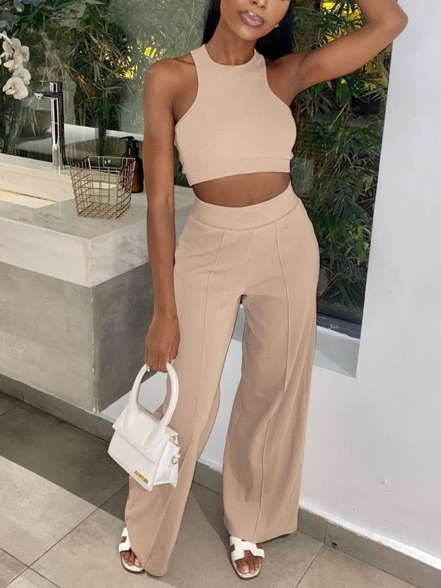 

Lovely Casual O Neck Elastic Dusty Pink Two Piece Pants Set