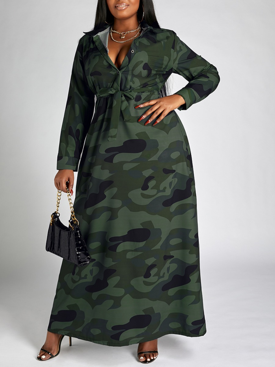 

Lovely Plus Size Casual Turndown Collar Camo Print Floor Length Dress