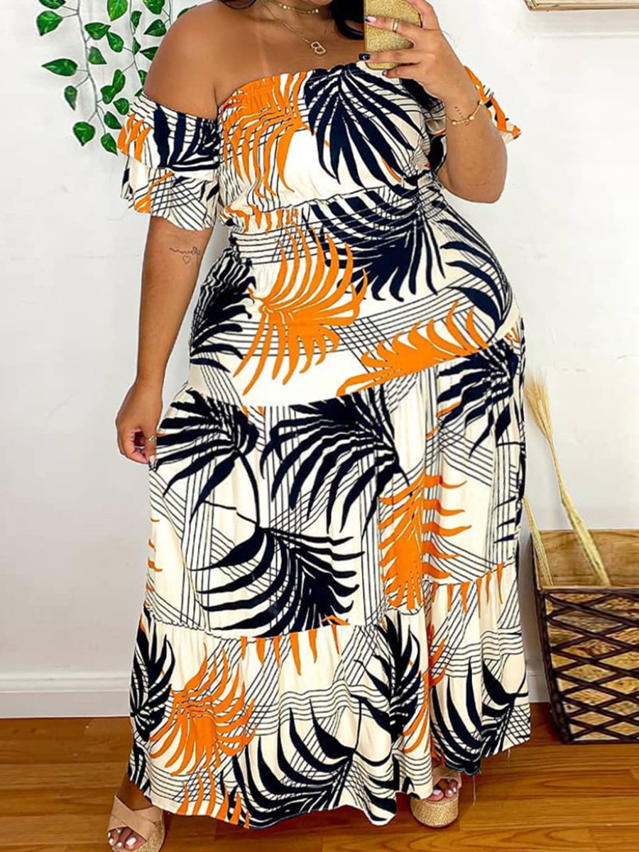 

Lovely Plus Size Boho Off The Shoulder Floral Print Orange Ankle Length Dress
