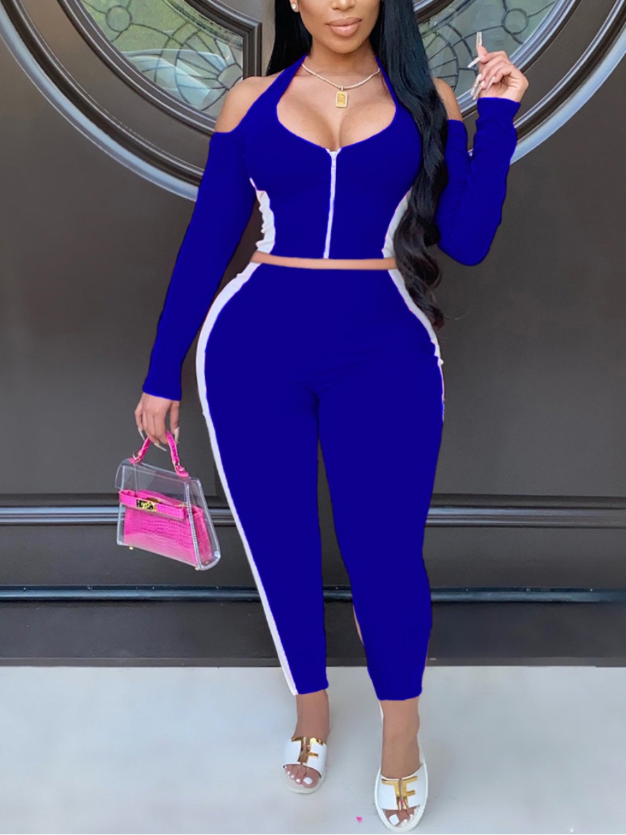 

Lovely Plus Size Sporty Striped Hollow-out Blue Two-piece Pants Set