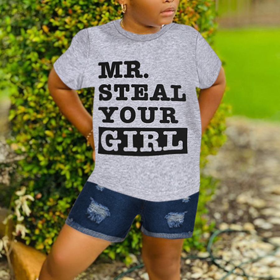 

Lovely Girl Casual Letter Print Ripped Grey Two Piece Shorts Set