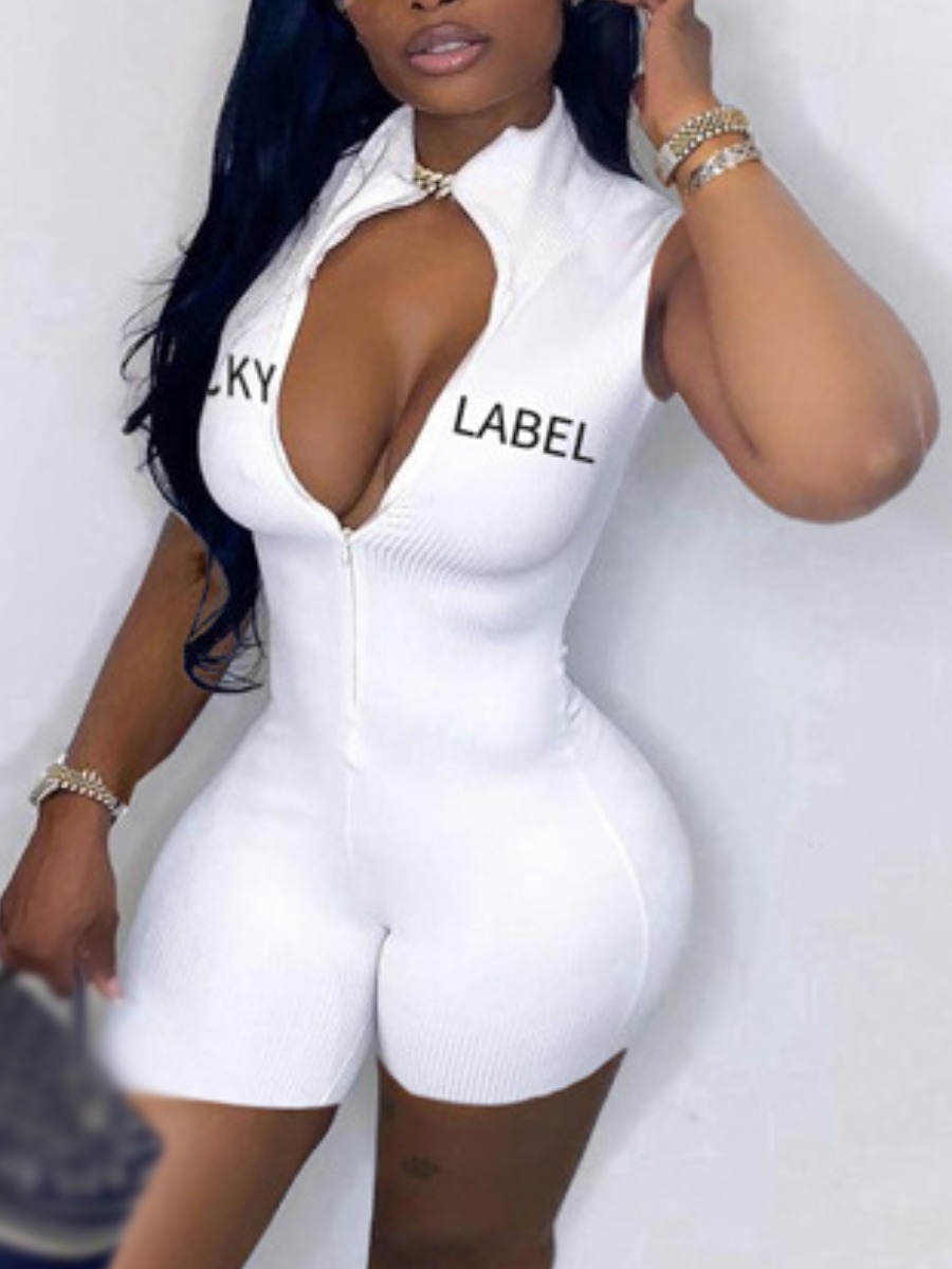 

Lovely Casual Letter Print Zipper Design White One-piece Romper