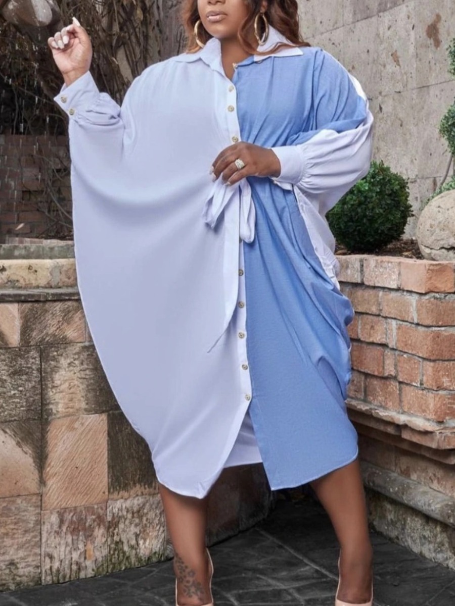 

LW Plus Size Street Batwing Sleeve Color-lump Blue Knee Length Dress