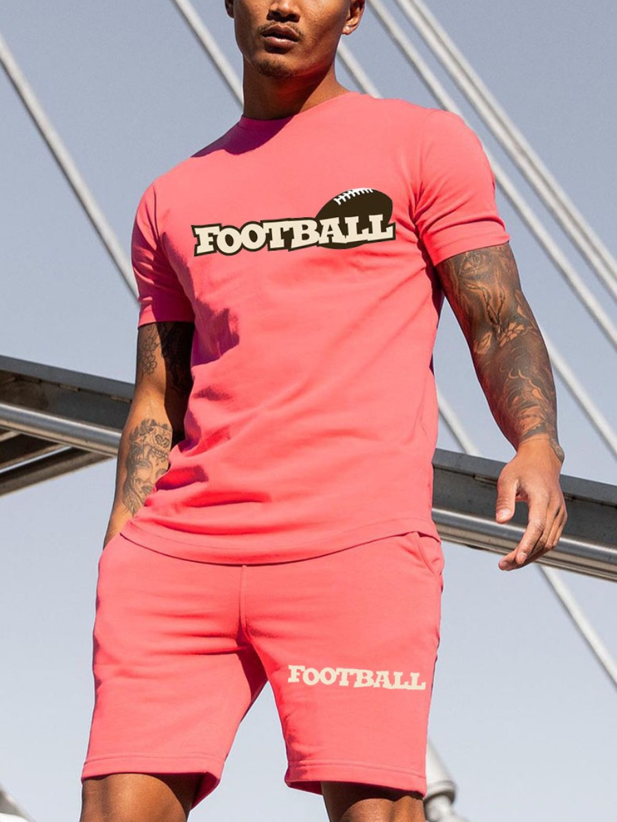 

Lovely Men Casual O Neck Letter Print Pink Two Piece Shorts Set