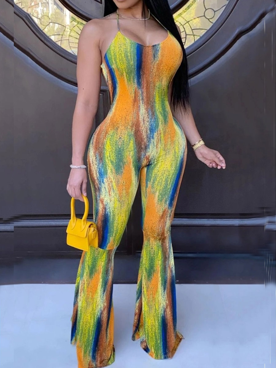 

Lovely Casual Backless Print Flared Green One-piece Jumpsuit
