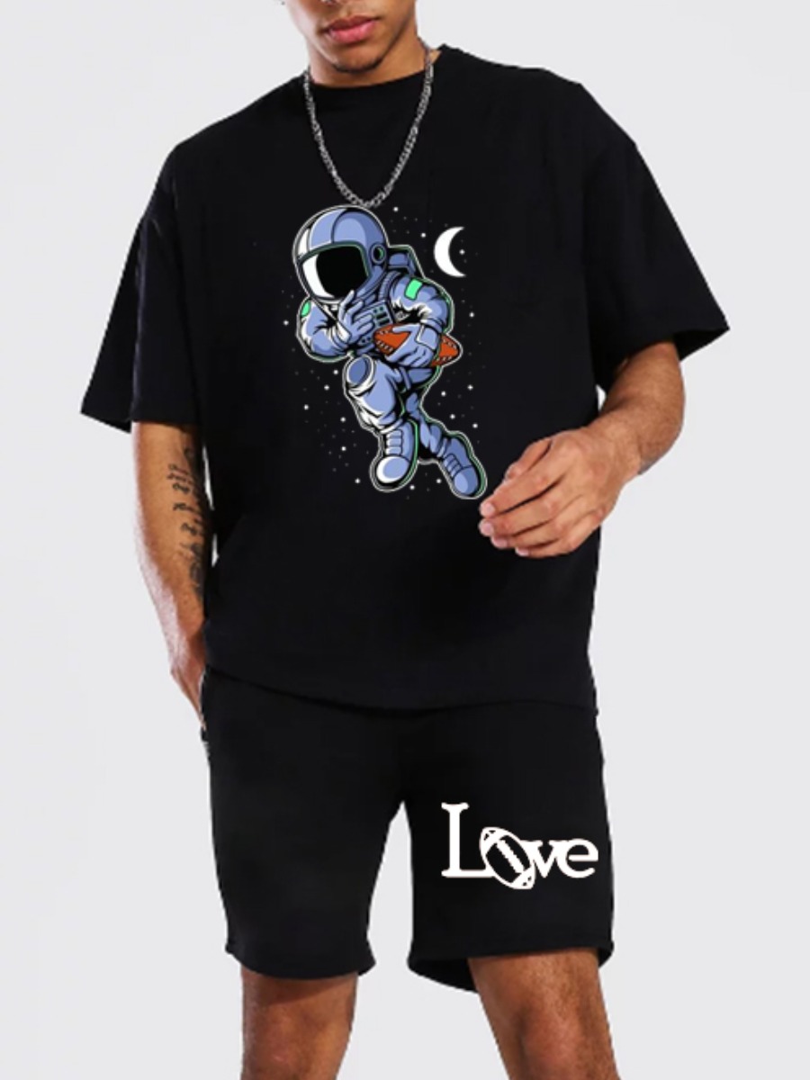 

Lovely Men Casual Moon Letter Print Black Two Piece Shorts Set