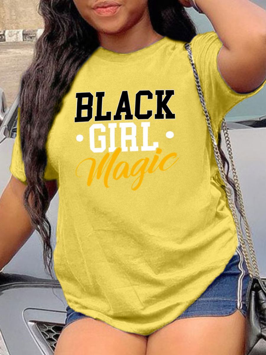

Lovely Plus Size Casual O Neck Letter Print Yellow T-shirt