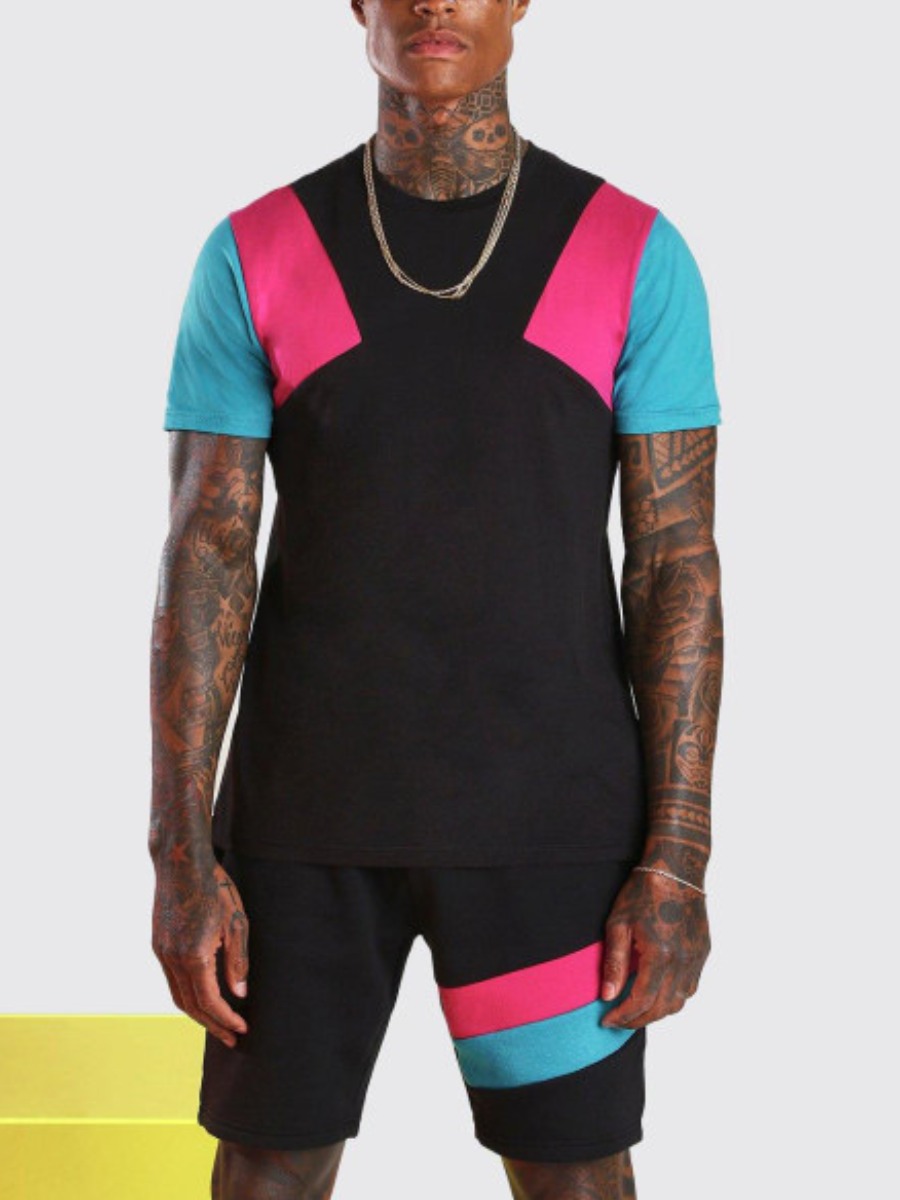 

Lovely Men Sporty Color-lump Patchwork Black Two Piece Shorts Set