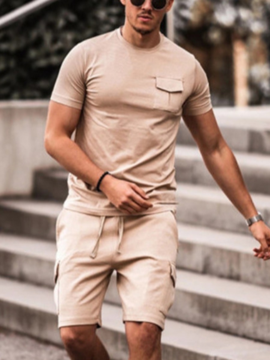 

Lovely Men Casual Drawstring Side Pocket Light Pink Two Piece Shorts Set