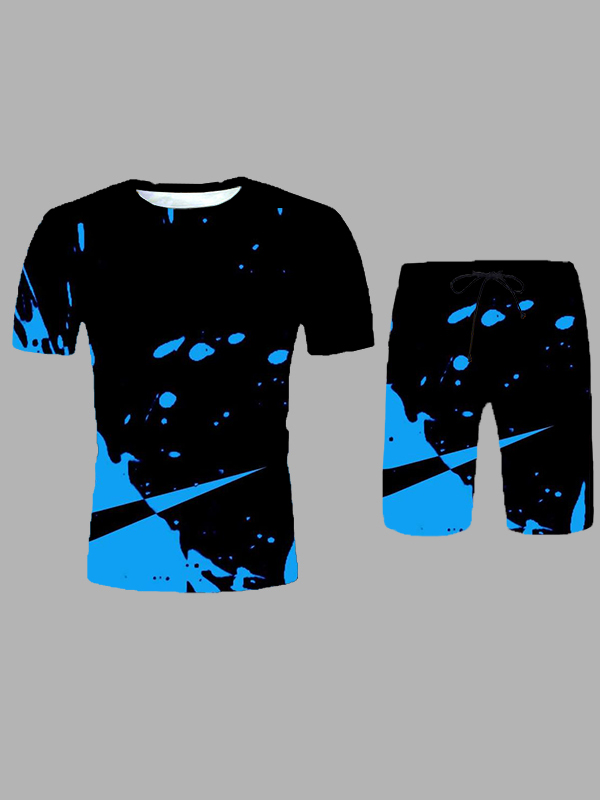 

LW Men Street O Neck Print Drawstring Blue Two Piece Shorts Set