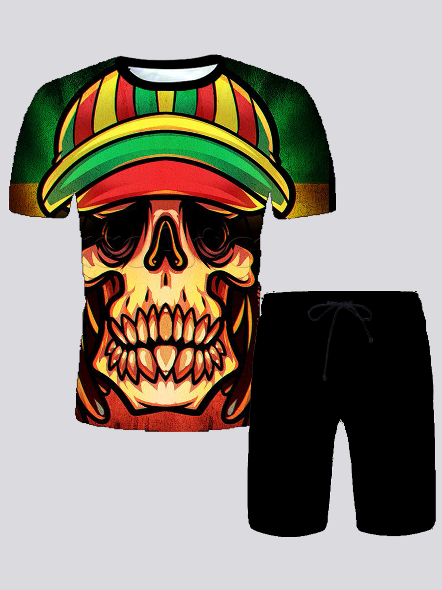 

Lovely Men Street Skull Print Drawstring Black Two Piece Shorts Set
