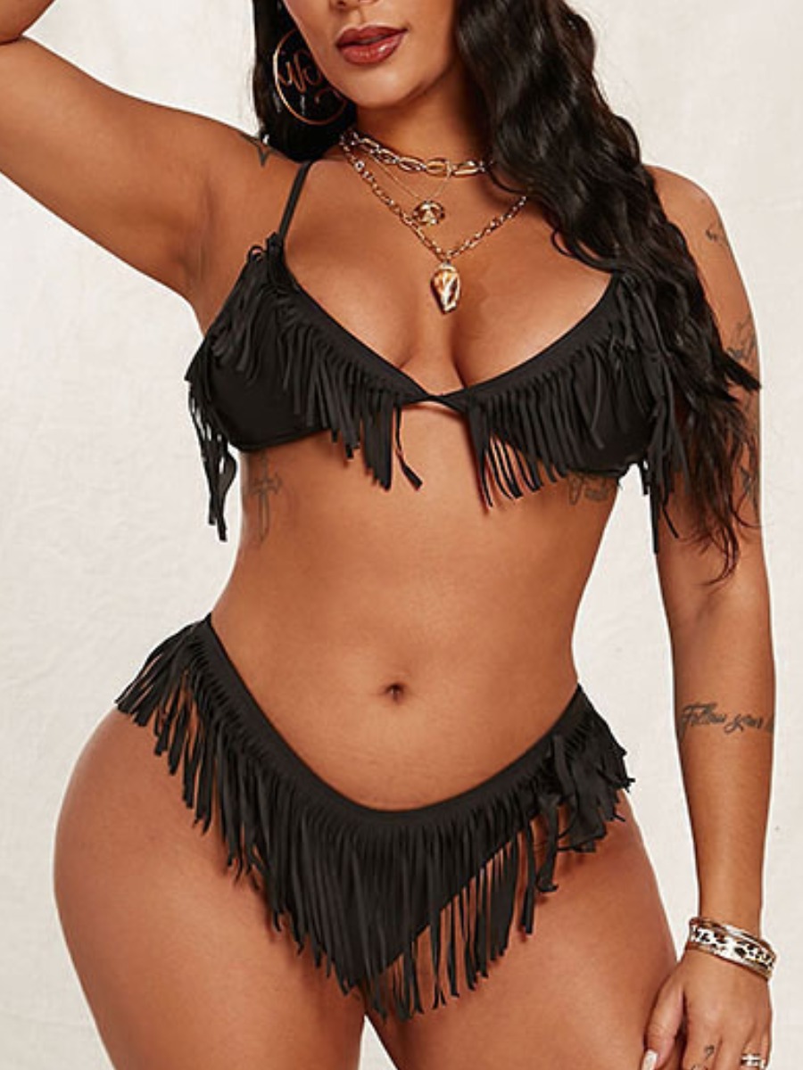 

Lovely Boho Bandage Tassel Design Black Two-piece Swimsuit