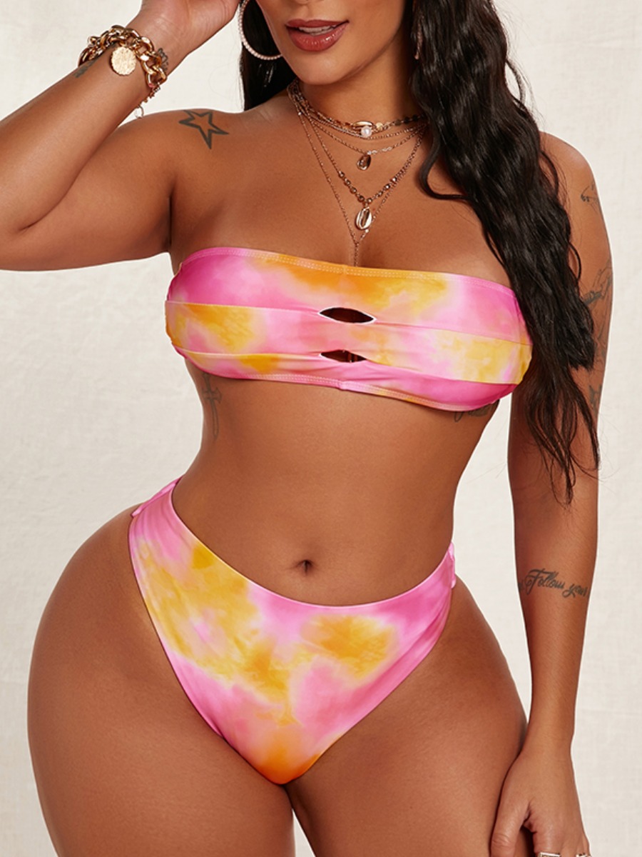 

Lovely Boho Tie-dye Hollow-out Multicolor Two-piece Swimsuit, Multi