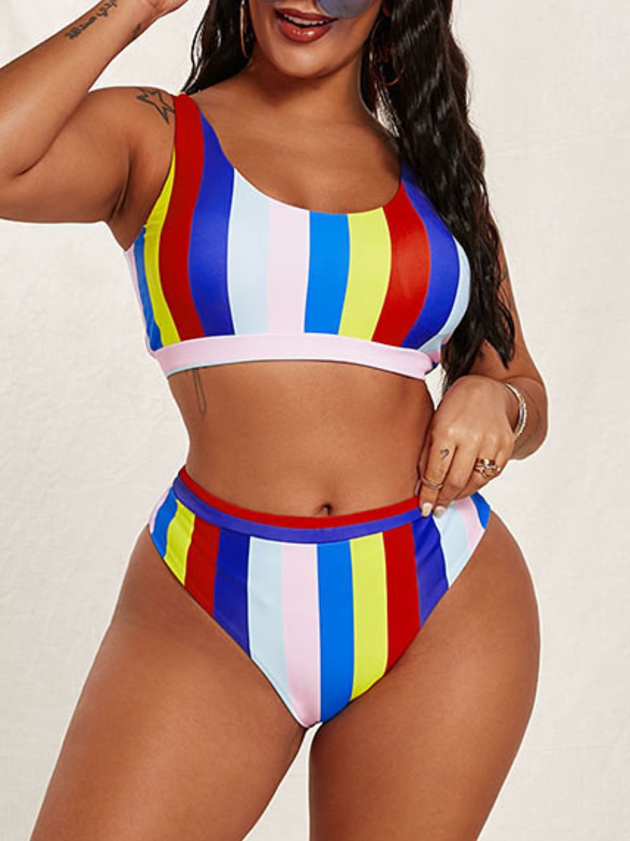 

Lovely Boho U Neck Striped Multicolor Two-piece Swimsuit, Multi