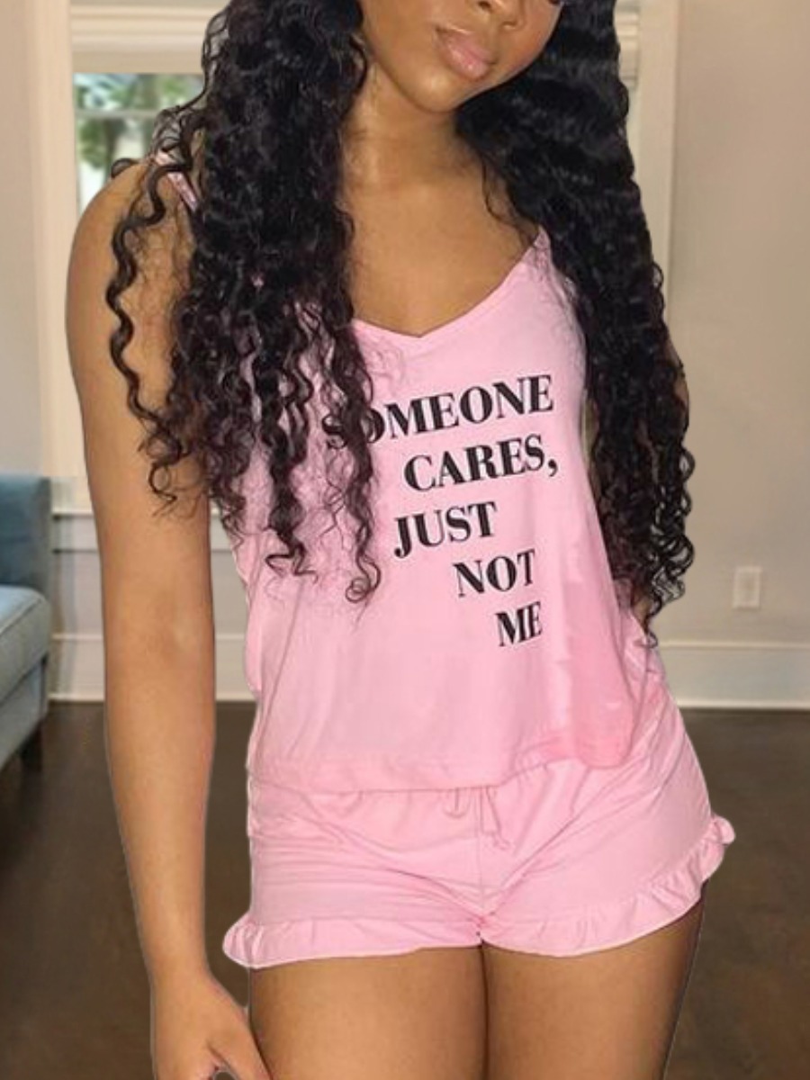 

Lovely Casual Letter Print Flounce Design Pink Two Piece Shorts Set