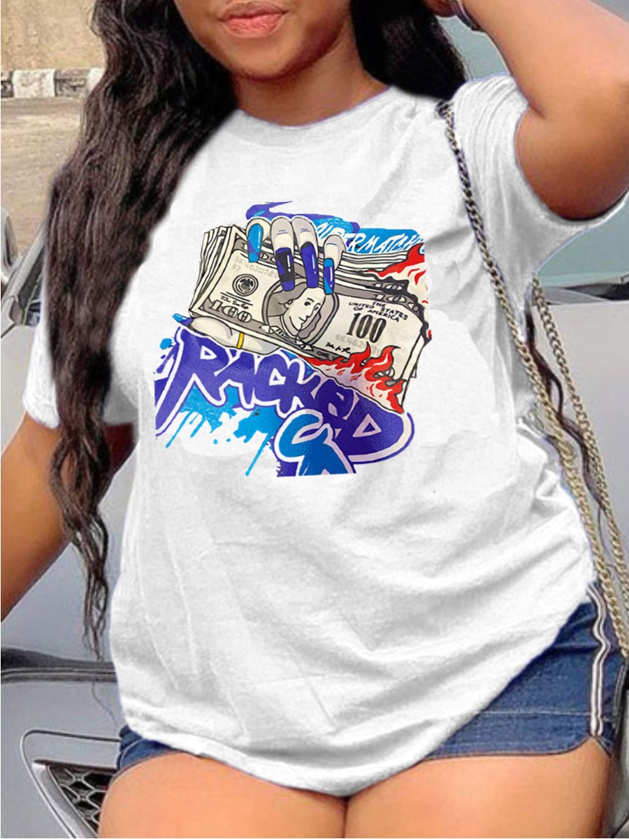 

Lovely Plus Size Casual Money Letter Print White T-shirt