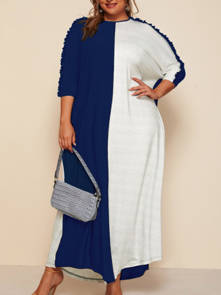 

Lovely Plus Size Casual Dropped Shoulder Color-lump Blue Ankle Length Dress