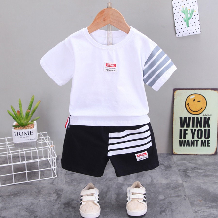 

Lovely Boy Sporty O Neck Striped White Two Piece Shorts Set