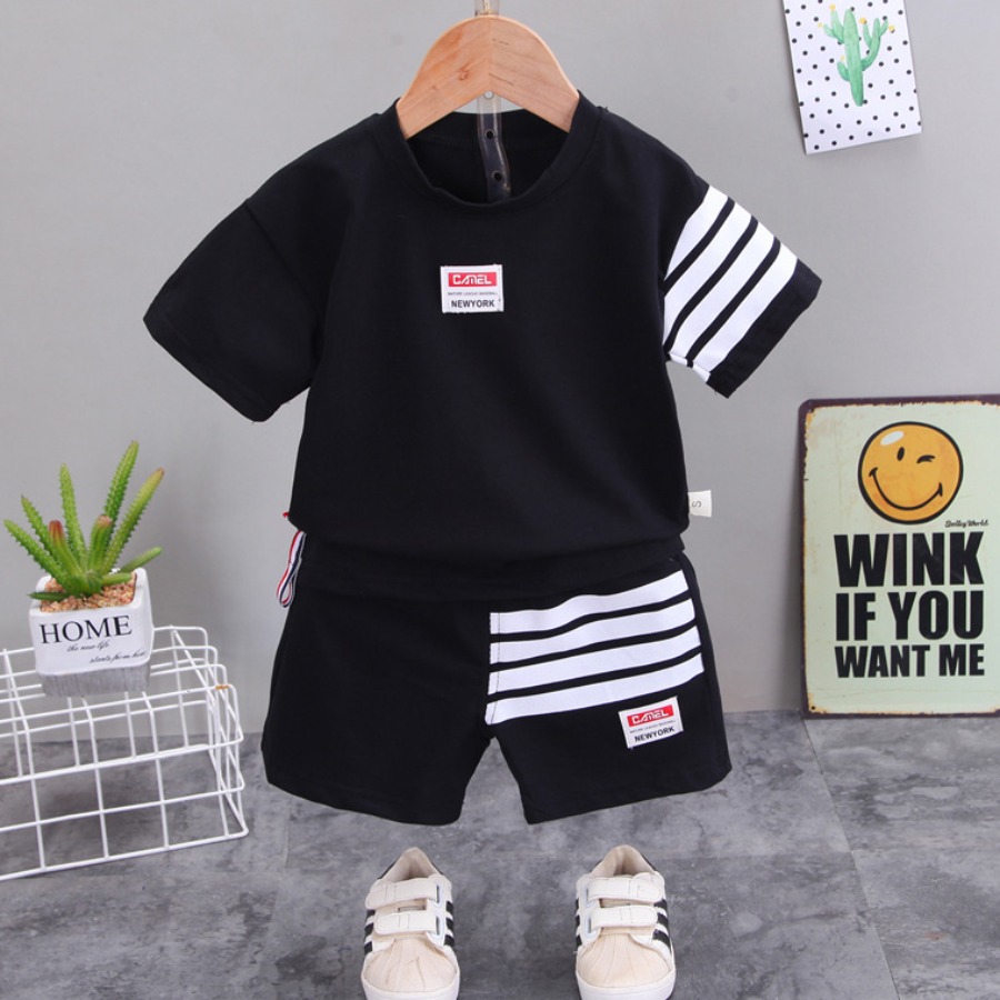 

Lovely Boy Sporty O Neck Striped Black Two Piece Shorts Set