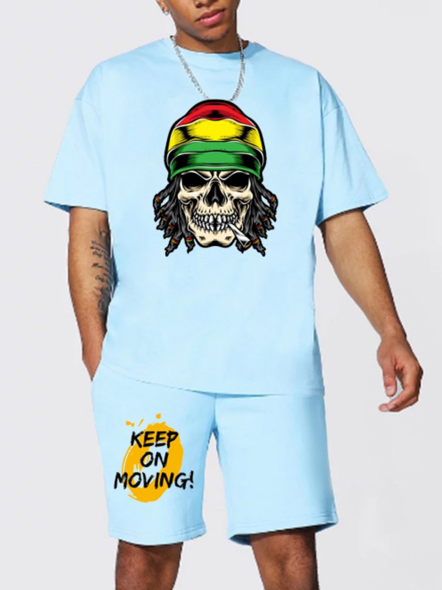 

Lovely Men Casual Skull Head Letter Print Canal Blue Two Piece Shorts Set