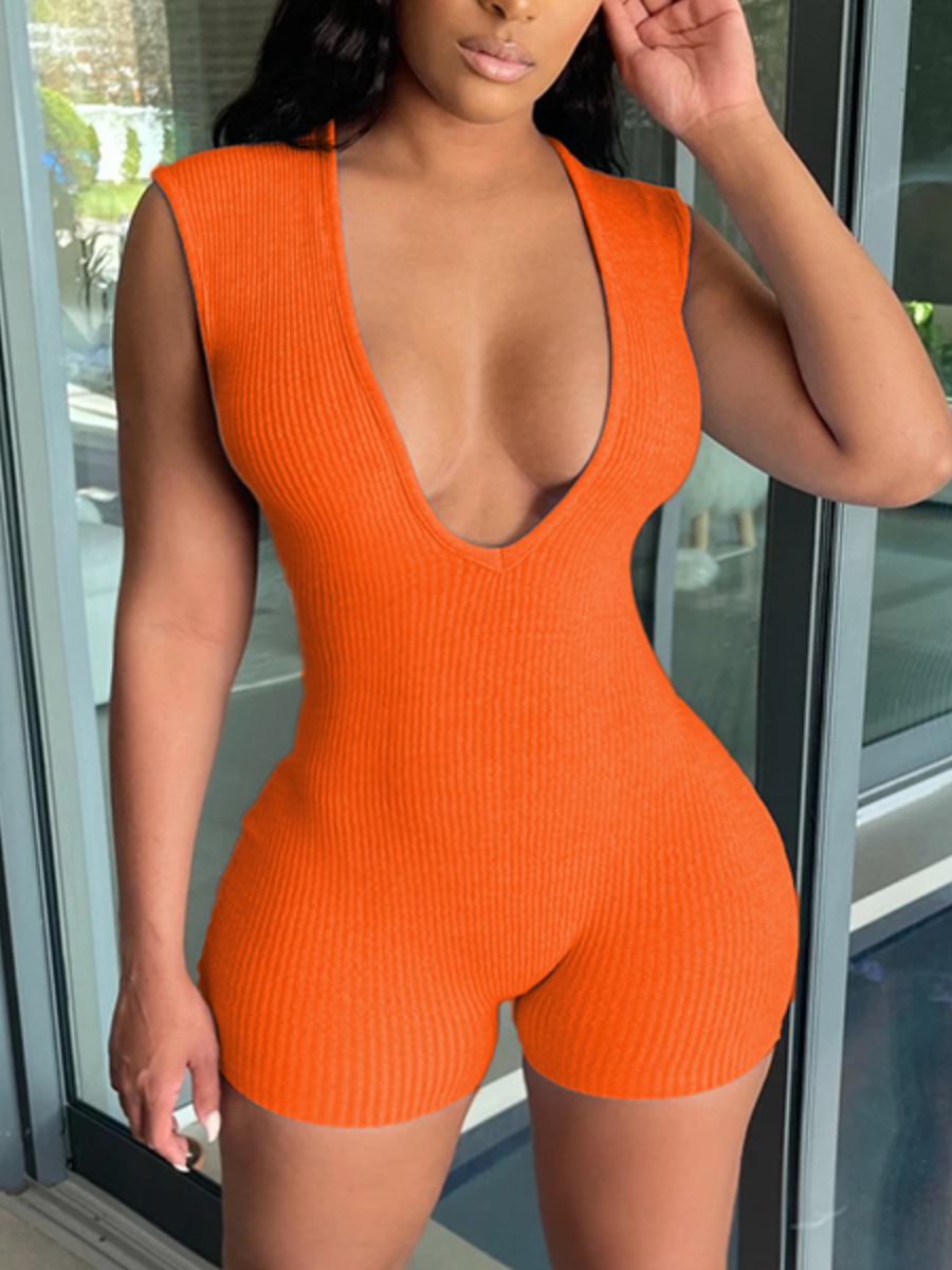 

Lovely Plus Size Casual V Neck Rib-Knit Orange One-piece Romper
