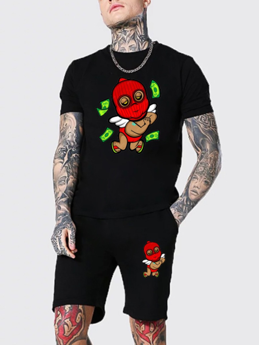 

Lovely Men Casual Cartoon Print Drawstring Black Two Piece Shorts Set
