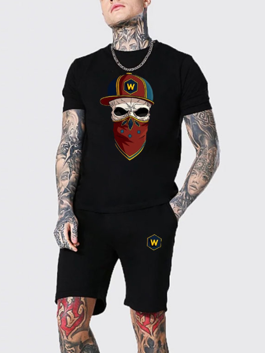 

Lovely Men Casual Hat Skull Head Print Black Two Piece Shorts Set