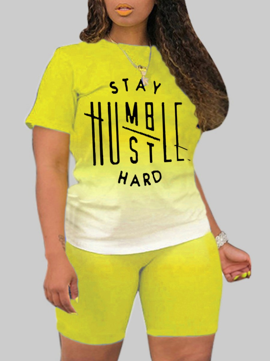 

LW BASICS Plus Size Casual Gradient Letter Print Yellow Two-piece Shorts Set