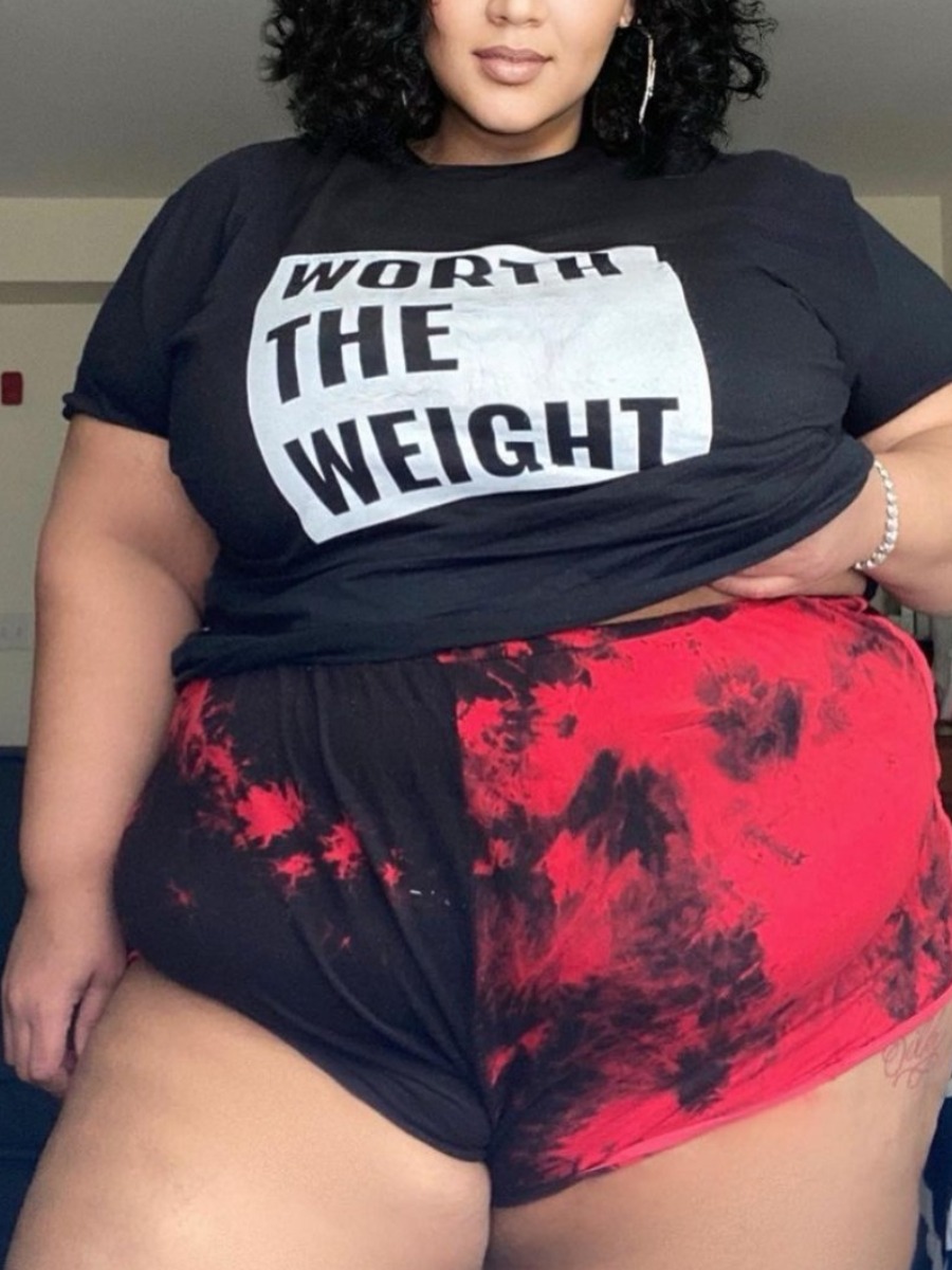 

Lovely Plus Size Casual Letter Print Tie-dye Black Two-piece Shorts Set