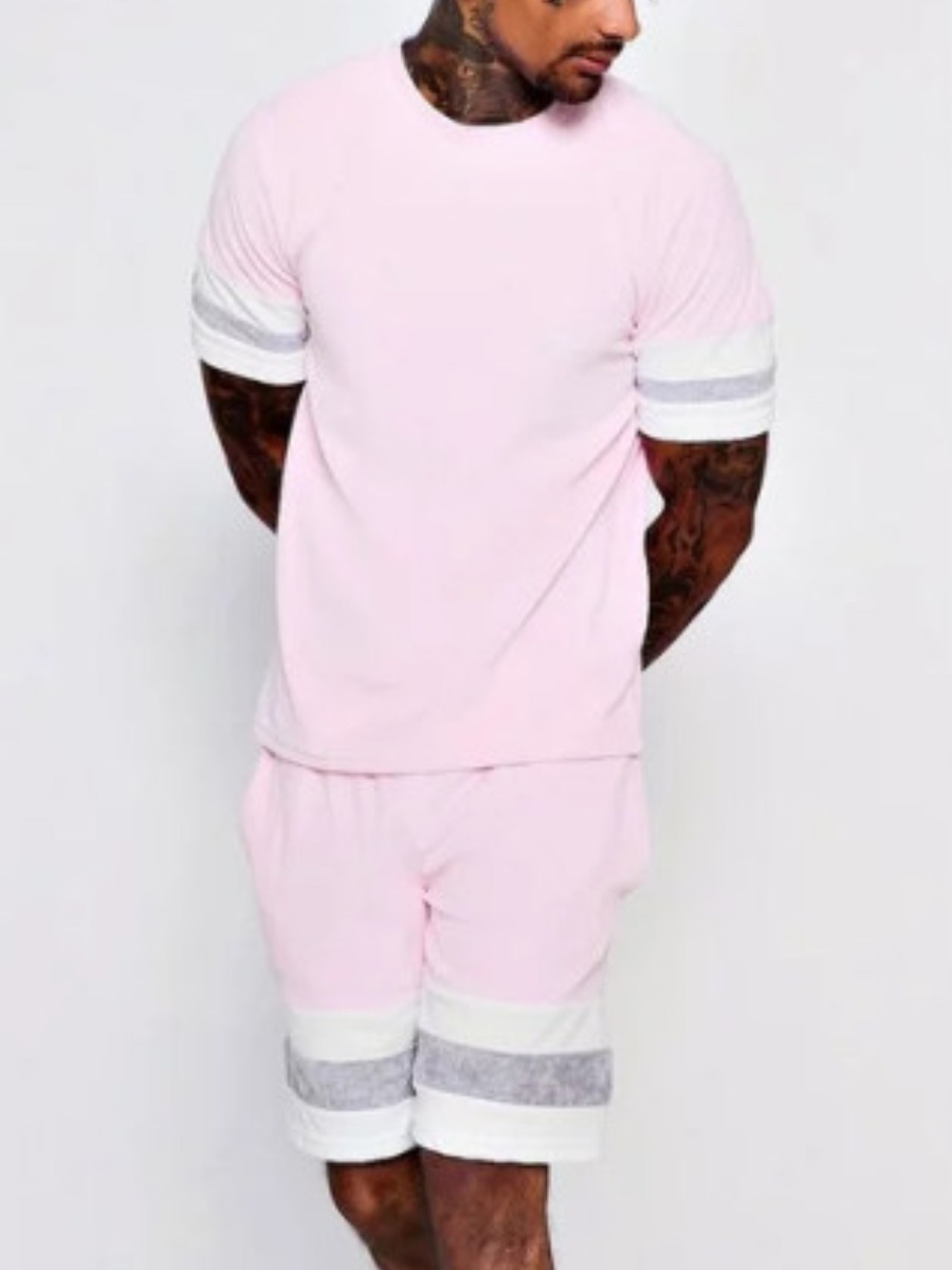 

LW Men Casual O Neck Striped Light Pink Two Piece Shorts Set