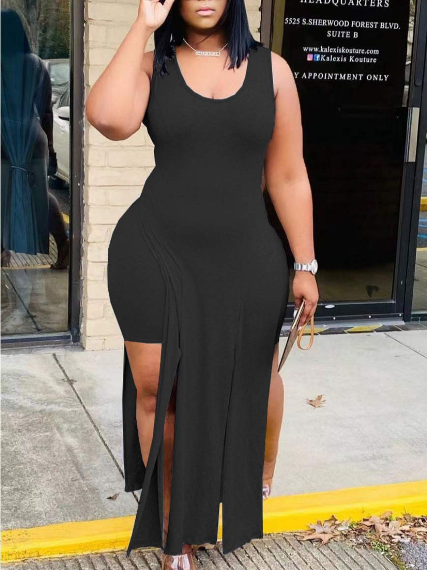 

Lovely Plus Size Casual U Neck Split Black Two-piece Shorts Set