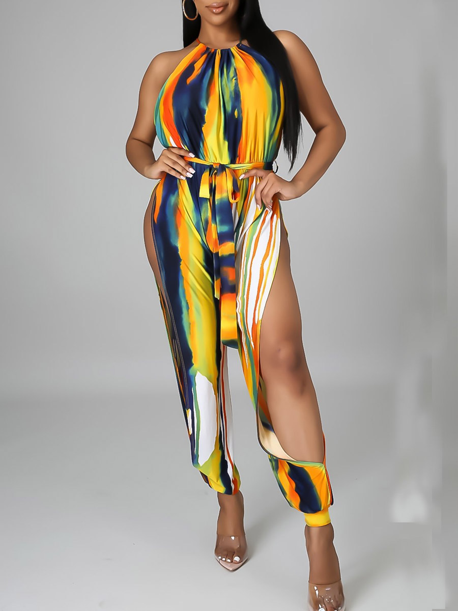 

Lovely Street Tie-dye Split Yellow One-piece Jumpsuit