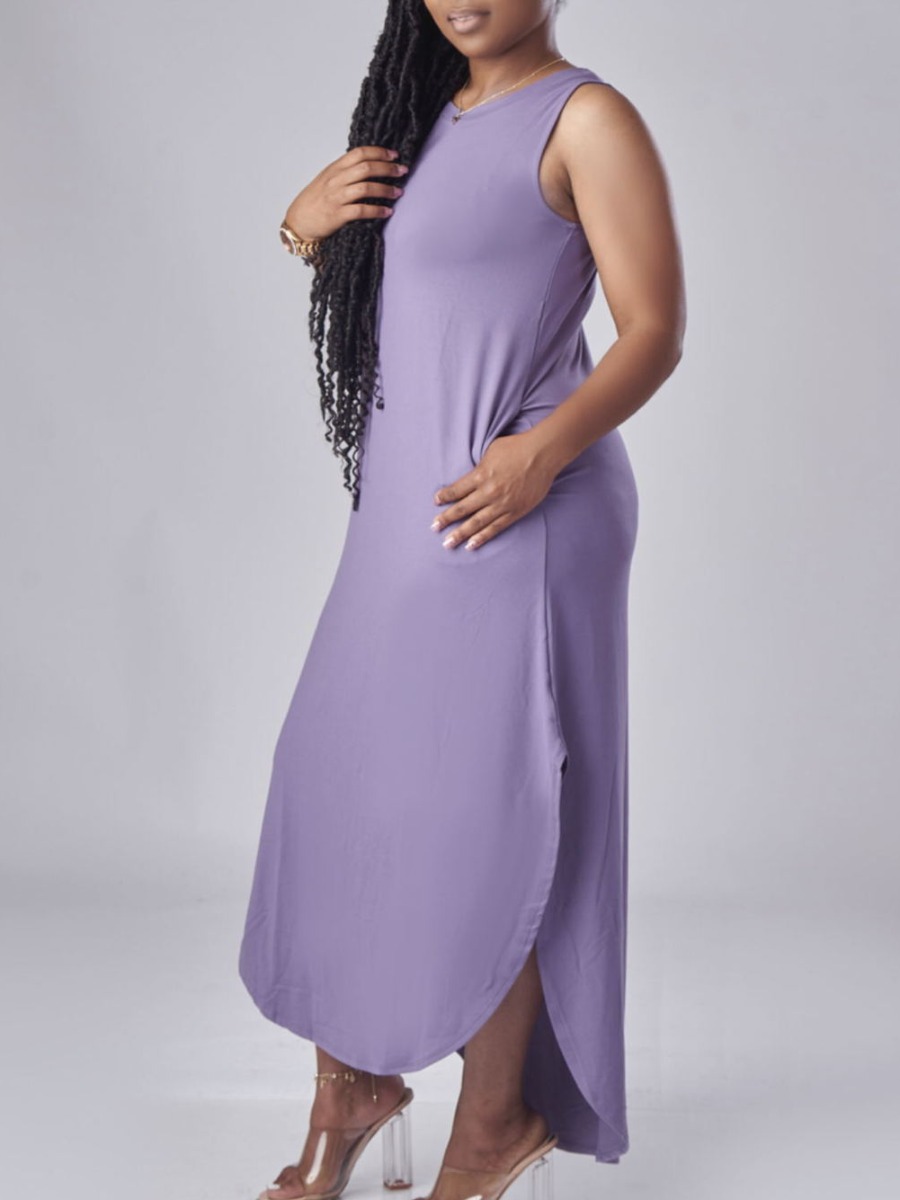 

Lovely Casual O Neck Split Purple Ankle Length Dress