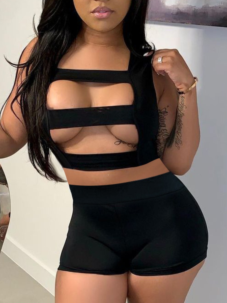 

Lovely Sexy Bandage Hollow-out Design Black Two Piece Shorts Set