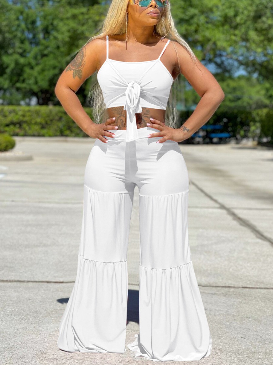 

Lovely Casual Bandage Ruffle Design Loose White Two Piece Pants Set