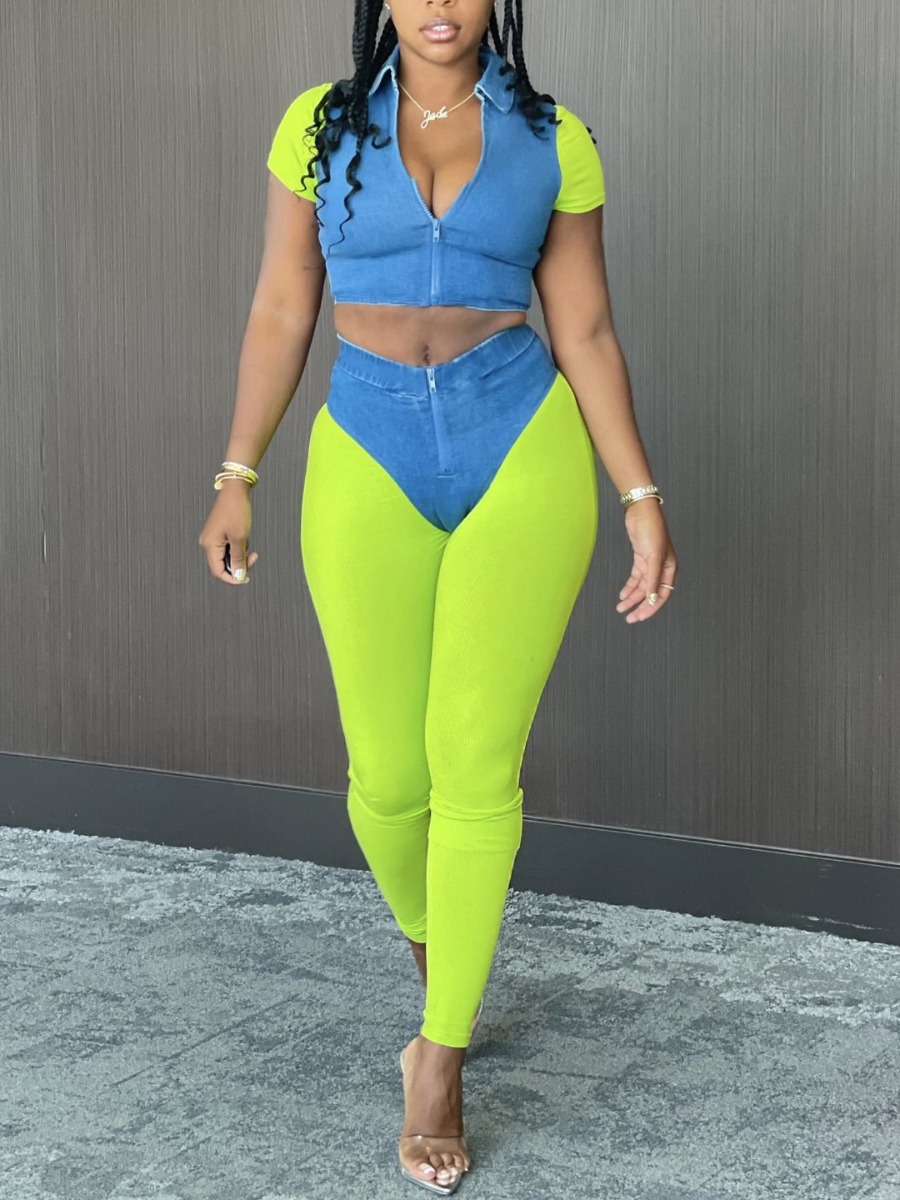 

Lovely Street Turndown Collar Color-lump Green Two Piece Pants Set