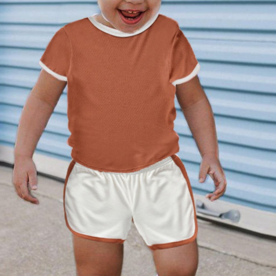 

Lovely Girl Sporty Rib-Knit Striped Brown Two Piece Shorts Set