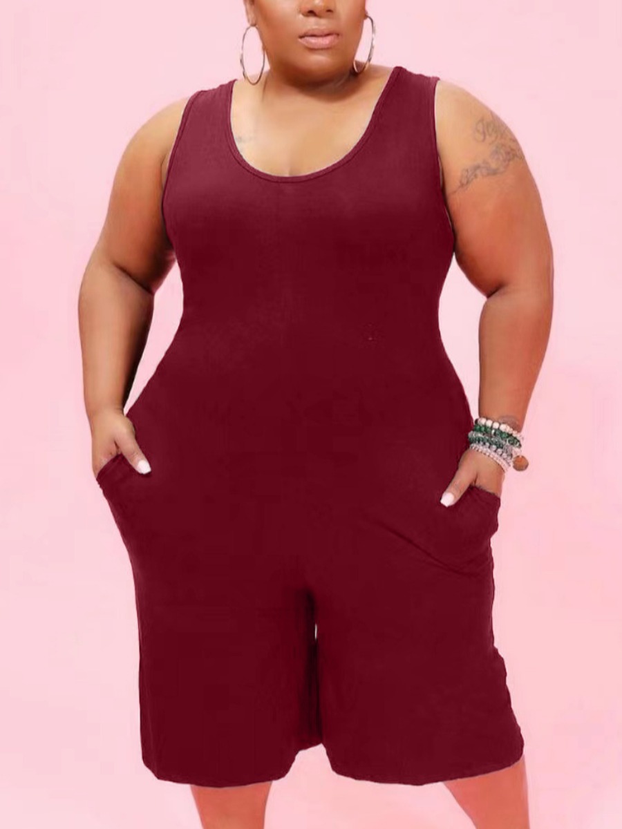 

Lovely Plus Size Casual U Neck Pocket Design Wine Red One-piece Romper