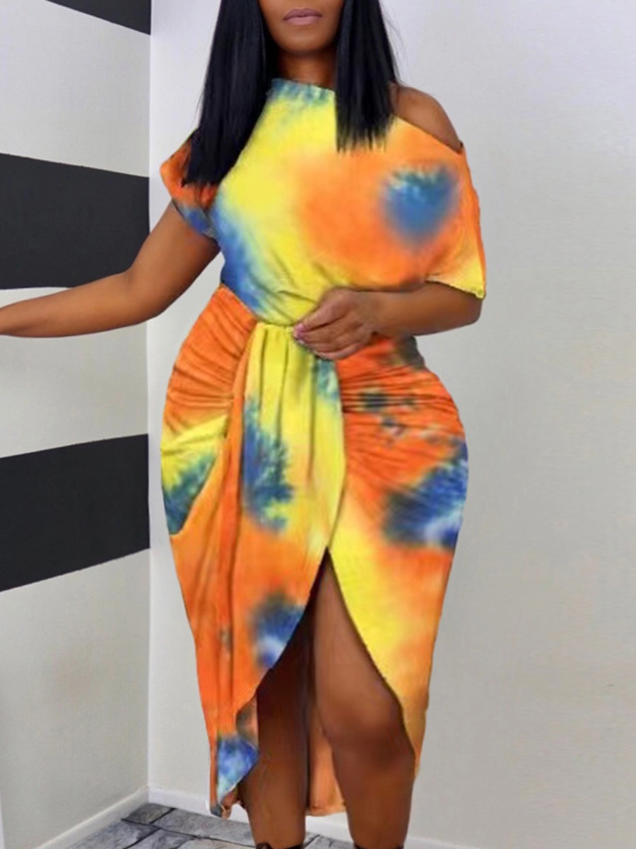 

Lovely Casual Tie-dye Fold Design Orange Mid Calf Asymmetrical Dress