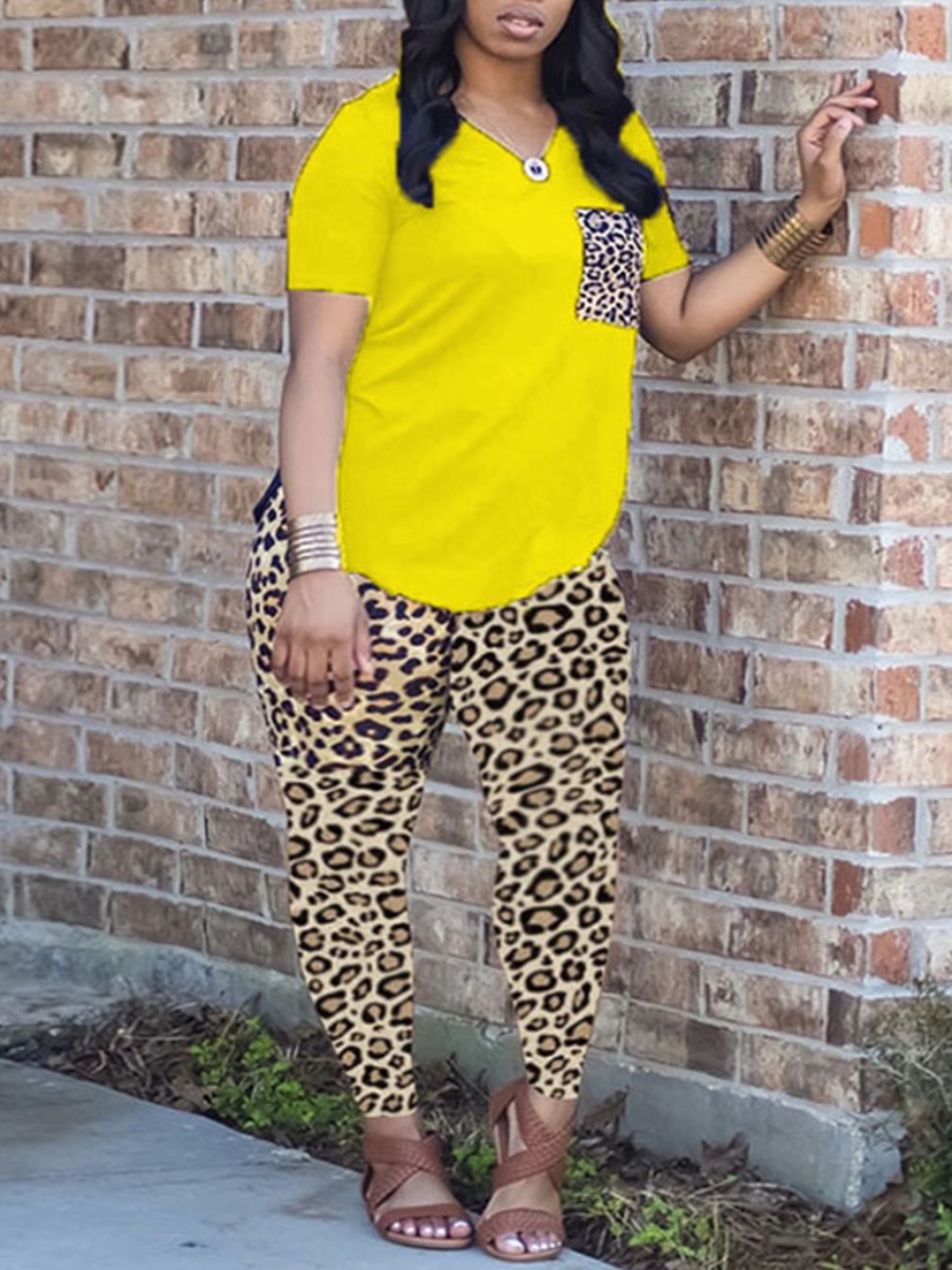 

Lovely Plus Size Street V Neck Leopard Print Yellow Two-piece Pants Set