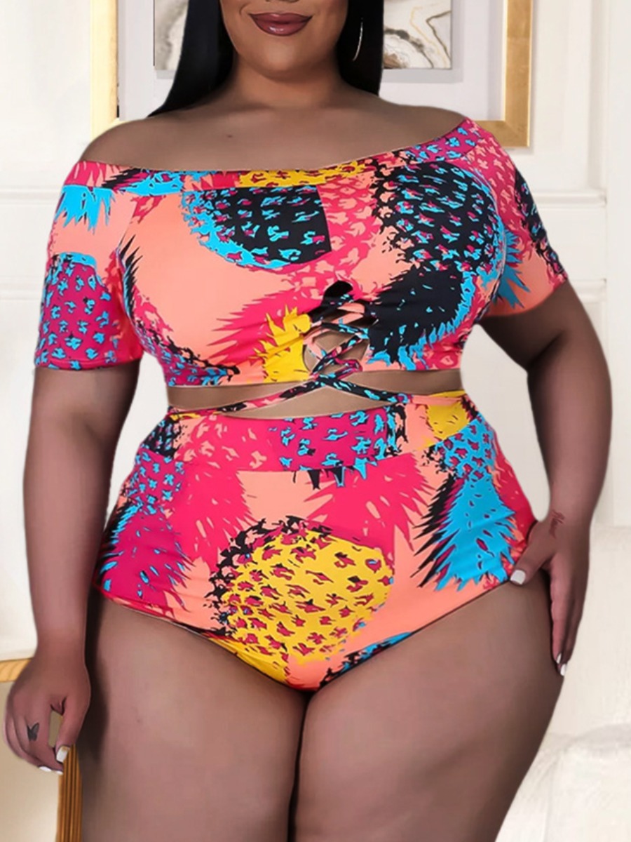

LW Plus Size Off The Shoulder Fruit Print Tankini, Rose