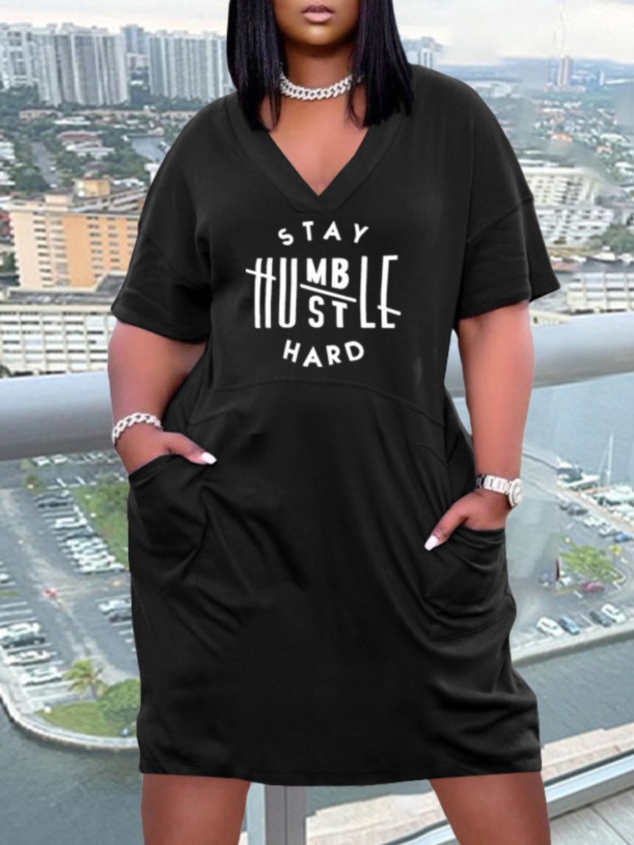

Lovely Plus Size Casual V Neck Letter Print Black Knee Length Dress