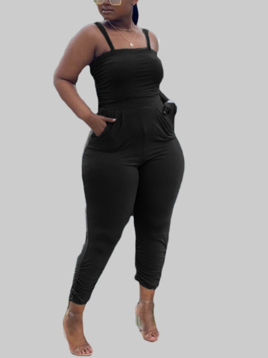 

Lovely Plus Size Casual Square Neck Pocket Design Black One-piece Jumpsuit