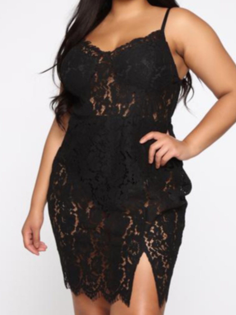 

Lovely Plus Size Sexy Mesh Patchwork Black Knee Length Dress