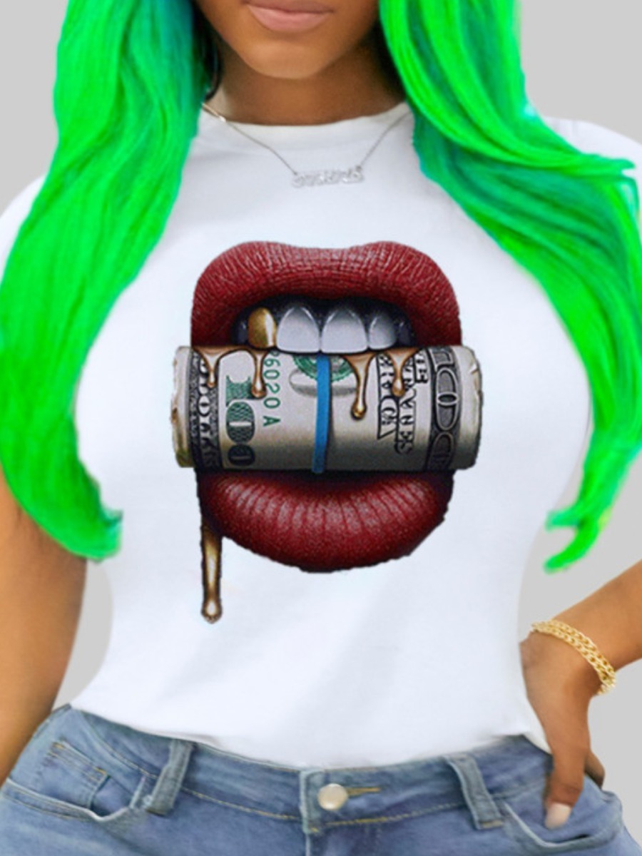 

Lovely Plus Size Street Money Lip Print White T-shirt