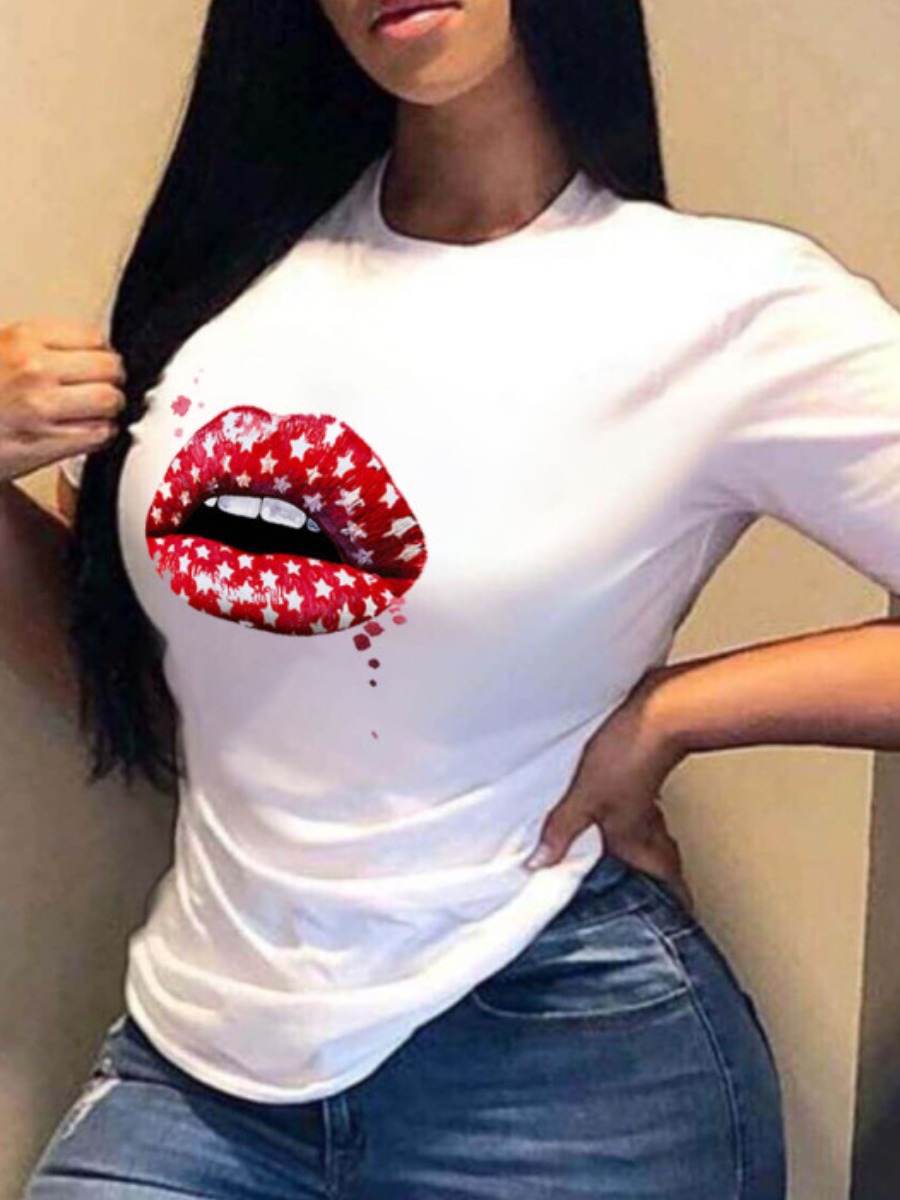 

Lovely Plus Size Casual O Neck Lip Print White T-shirt