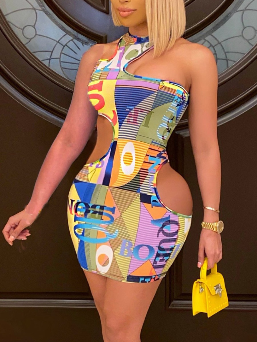 

Lovely Street Letter Print Hollow-out Multicolor Mini Dress, Multi