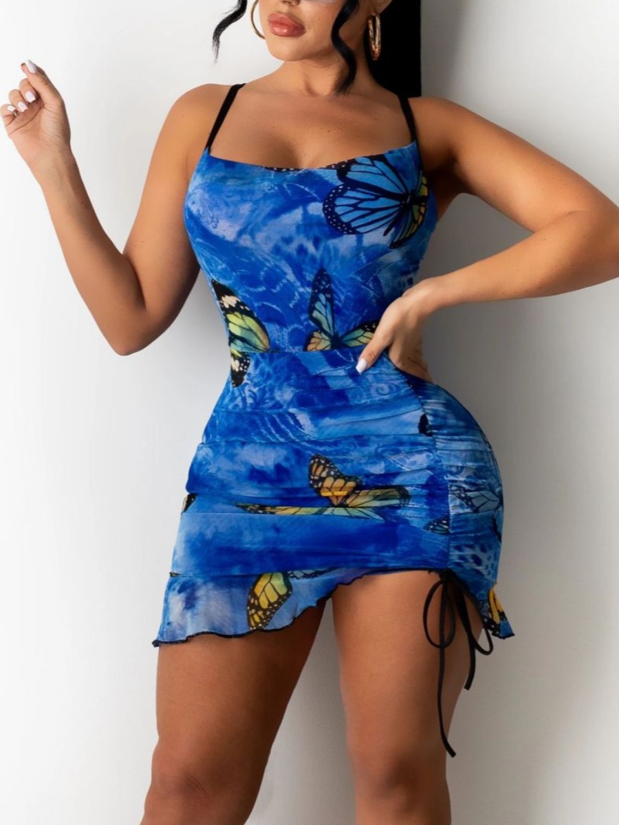 

Lovely Sweet Butterfly Print Drawstring Blue Mini Dress