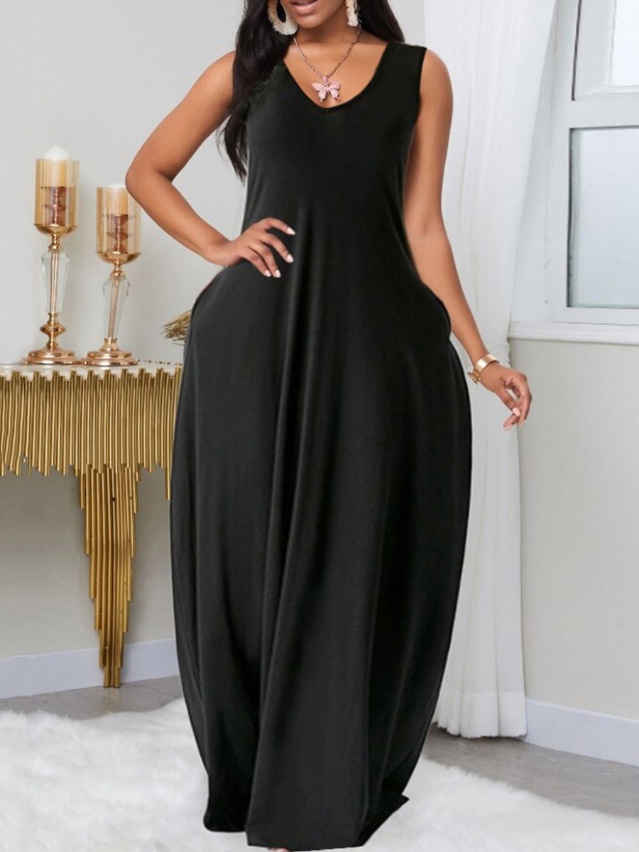 

LW Casual O Neck Loose Black Ankle Length A Line Dress